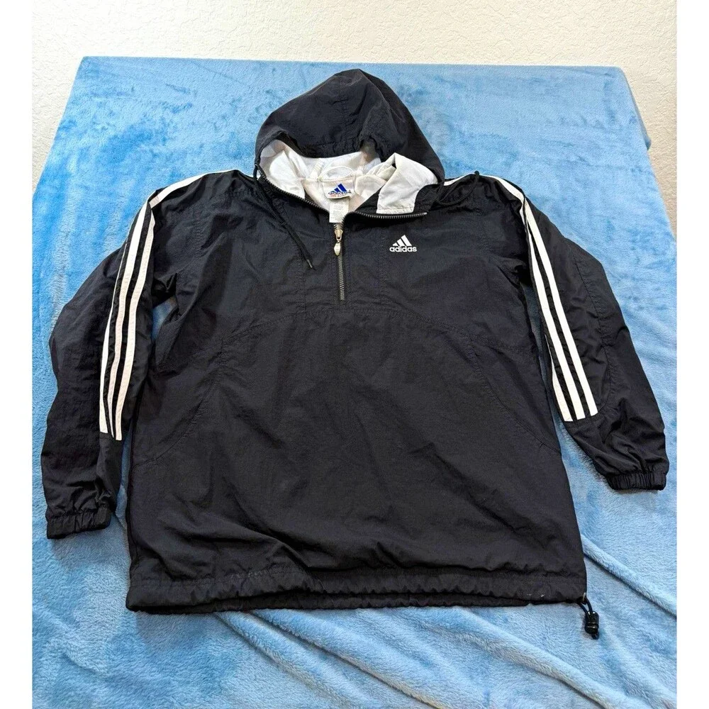 VTG 90s Adidas Windbreaker Jacket Mens S Black White Anorak Pullover Hooded XLNT